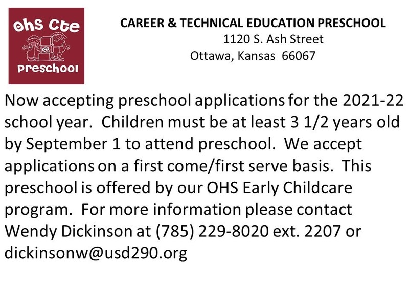 Ohs Cte Preschool Enrollment Info For 2021 2022 Ottawa Usd 290